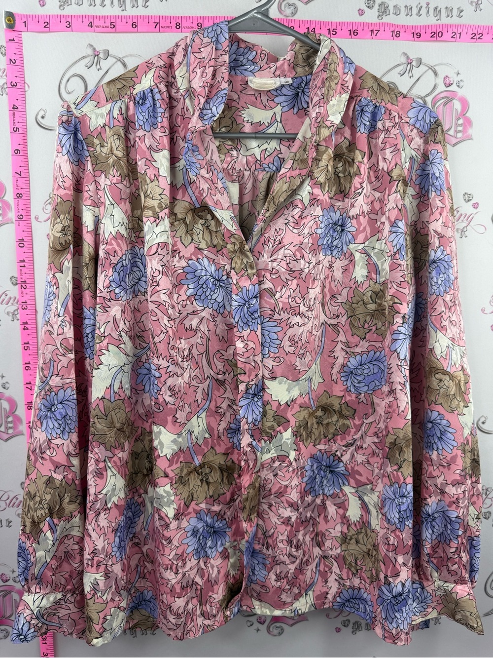 TanJay shiny Pink Floral Button-Down Shirt with Blue and Brown Blooms